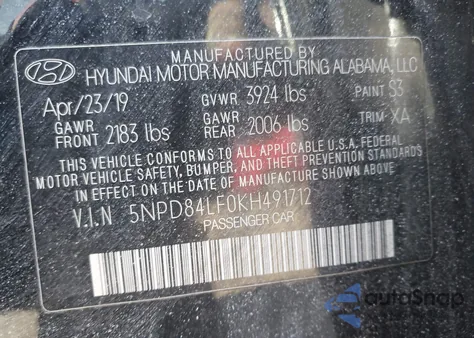 2019 Hyundai Elantra Sel z USA, uszkodzony, nr VIN 5NPD84LF0KH491712
